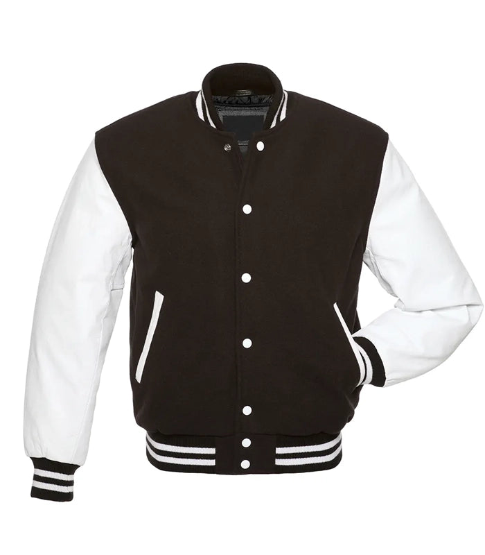 Black and white varsity jacket with striped cuffs and collar, button-front design