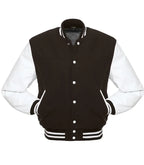 Black and white varsity jacket with striped cuffs and collar, button-front design for teams or individuals