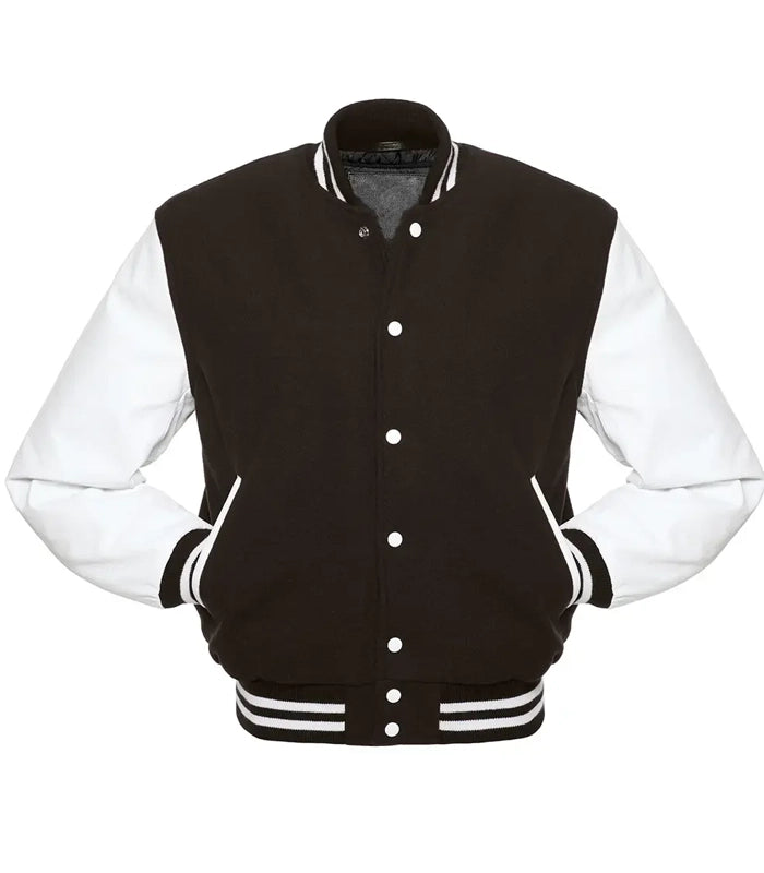 Black and white varsity jacket with striped cuffs and collar, button-front design for teams or individuals