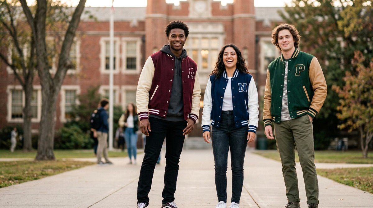 Three smiling students walk together on a school campus pathway wearing custom letterman varsity jackets in maroon, navy, and green.