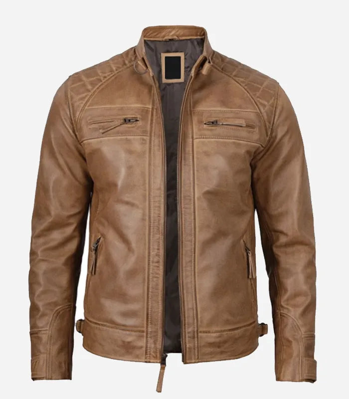 Side view of Camel Brown Cafe Racer Quilted Leather Jacket