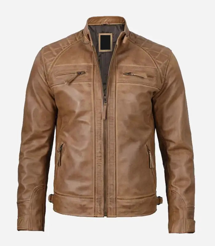 Front view of Camel Brown Cafe Racer Quilted Leather Jacket