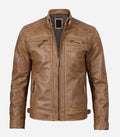 Front view of Camel Brown Cafe Racer Quilted Leather Jacket
