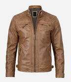 Front view of Camel Brown Cafe Racer Quilted Leather Jacket
