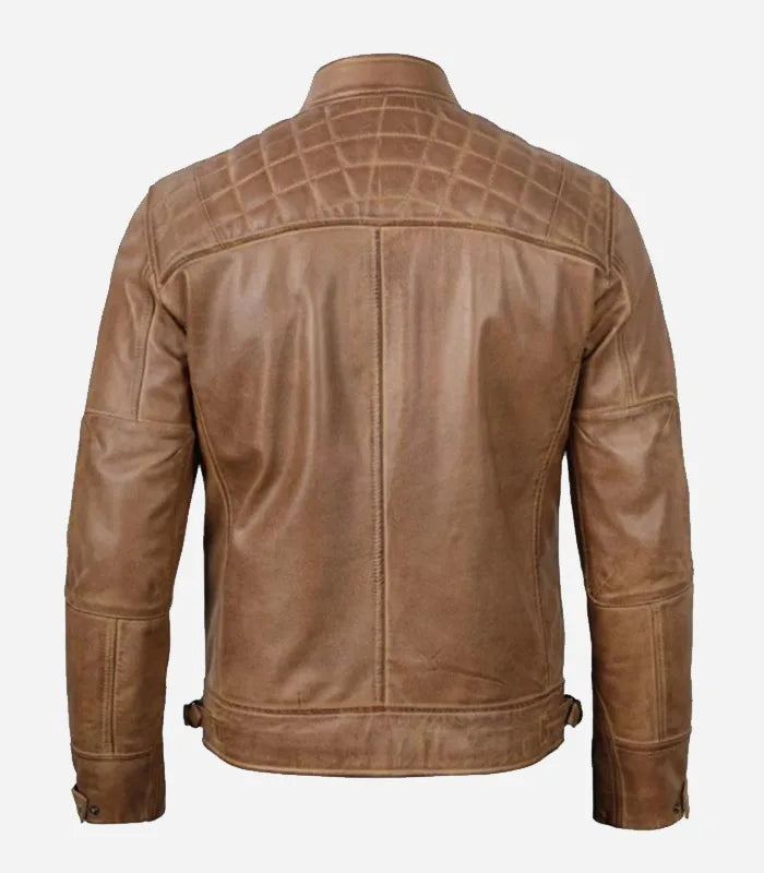 Detail view of Camel Brown Cafe Racer Quilted Leather Jacket