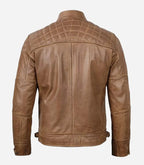 Detail view of Camel Brown Cafe Racer Quilted Leather Jacket