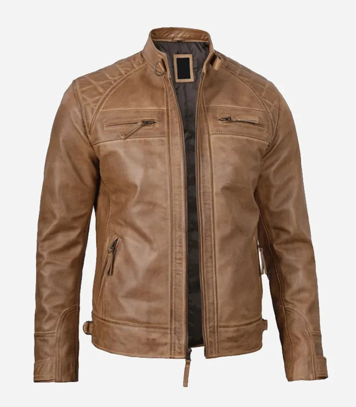Back view of Camel Brown Cafe Racer Quilted Leather Jacket