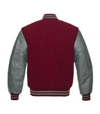 Maroon varsity jacket with gray sleeves and striped cuffs, back view