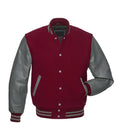 Maroon varsity jacket with gray leather sleeves, button front, and striped cuffs for custom team wear