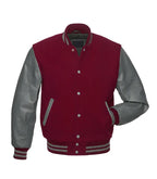 Maroon varsity jacket with gray leather sleeves, button front, and striped cuffs for custom team wear