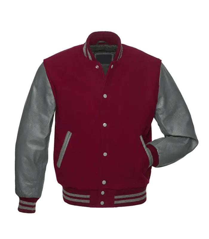 Maroon varsity jacket with gray leather sleeves, button front, and striped cuffs for custom team wear