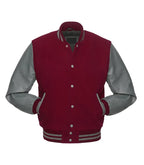 Burgundy varsity jacket with gray sleeves and striped cuffs, classic letterman style