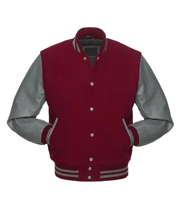 Burgundy varsity jacket with gray sleeves and striped cuffs, classic letterman style