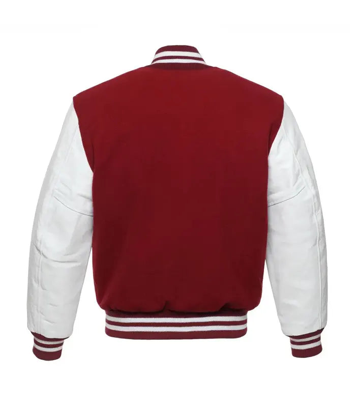 Red and white varsity jacket with striped cuffs and collar, back view