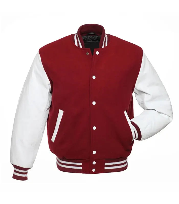 Red and white varsity jacket with striped cuffs and collar, button-front design