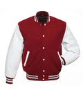 Red and white varsity jacket with striped cuffs and collar, button-front design