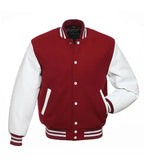Red and white varsity jacket with striped cuffs and collar, button-front design