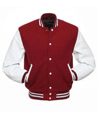 Red and white varsity jacket with striped cuffs and collar, button-front design