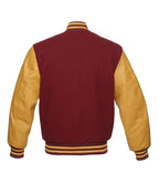 Maroon and gold varsity jacket with leather sleeves, ribbed collar, and striped cuffs