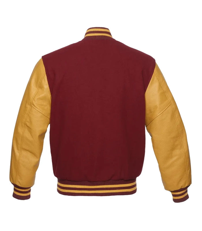 Maroon and gold varsity jacket with leather sleeves, ribbed collar, and striped cuffs