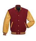 Maroon and gold varsity jacket with leather sleeves, button front, and striped cuffs