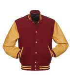 Maroon and gold varsity jacket with leather sleeves, button front, and striped trim for custom team wear