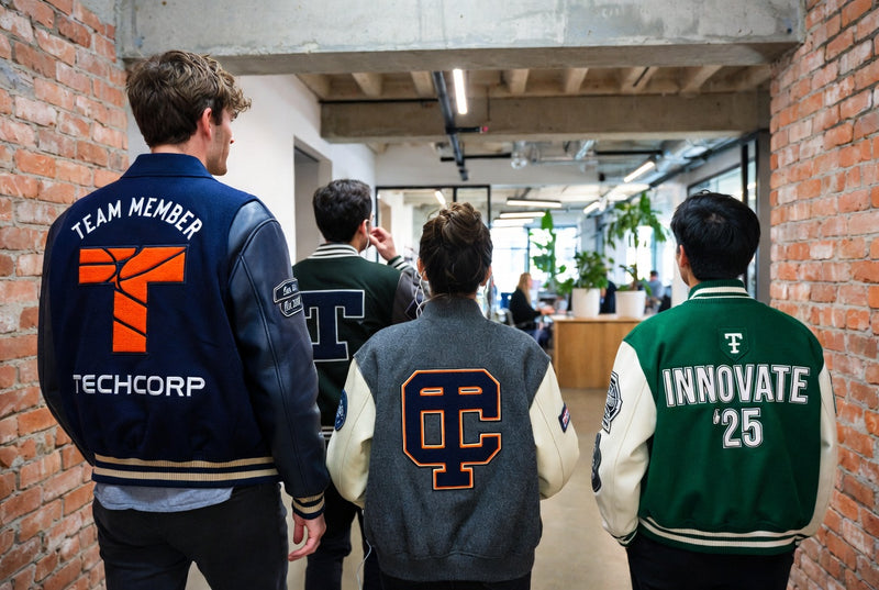 Employees wearing custom corporate varsity jackets while walking through a modern office.