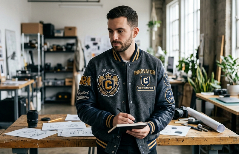 Man in a custom varsity jacket sketching merchandise ideas in a creative studio workspace.