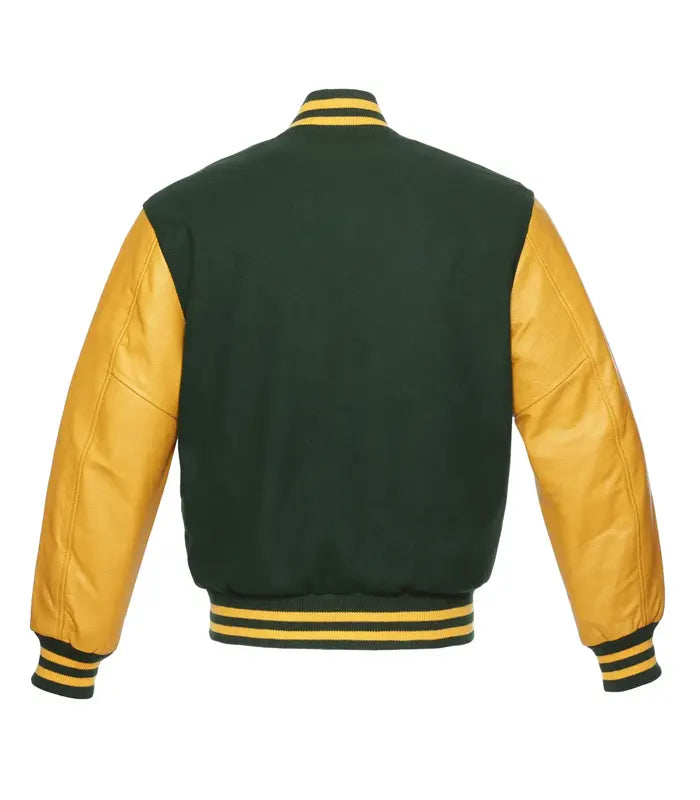 Green and gold varsity jacket with leather sleeves and striped cuffs, back view