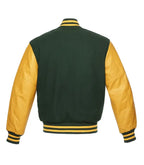 Green and gold varsity jacket with leather sleeves and striped cuffs, back view
