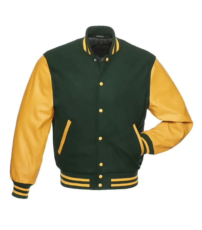 Green and gold varsity jacket with leather sleeves, button front, and striped cuffs