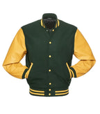 Green and gold varsity jacket with leather sleeves, button front, and striped cuffs