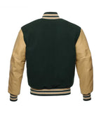 Green and tan varsity jacket with striped cuffs and collar, back view