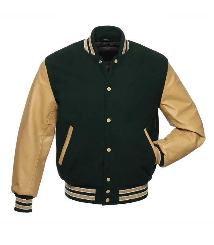 Green and gold varsity jacket with leather sleeves, button front, and striped cuffs