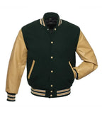 Green and gold varsity jacket with leather sleeves, button front, and striped cuffs