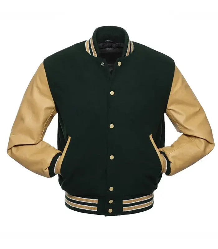 Green and gold varsity jacket with leather sleeves, button front, and striped trim for teams or custom orders.