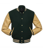 Green and gold varsity jacket with leather sleeves, button front, and striped trim for teams or custom orders.