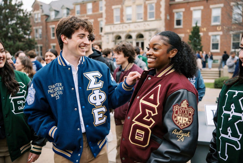 College students wearing Greek organization varsity jackets during a campus gathering.