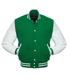 Green letterman jacket front view styled as a baseball jacket with white sleeves and ribbed collar and cuffs.