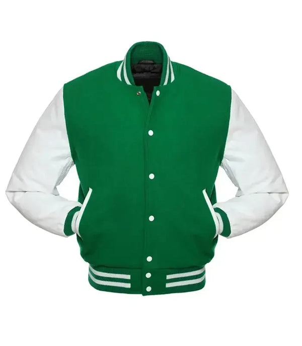 Green letterman jacket front view styled as a baseball jacket with white sleeves and ribbed collar and cuffs.