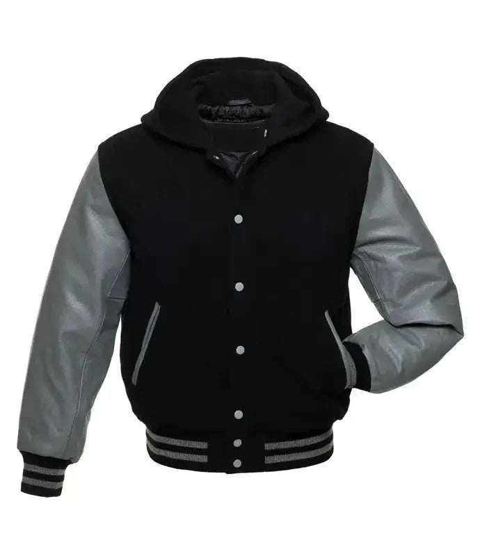 Black and grey hooded varsity jacket front view with snap button closure, letterman style body, and striped ribbed trims.
