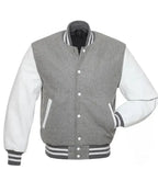 Grey and white varsity jacket front view with wool body, leather sleeves, and classic striped ribbed trims.