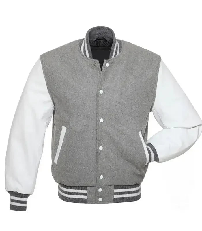 Grey and white varsity jacket front view with wool body, leather sleeves, and classic striped ribbed trims.