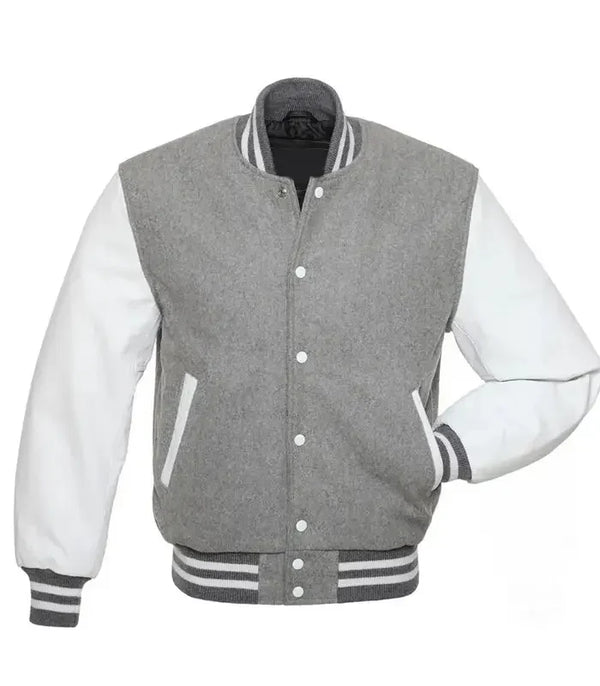 Grey and white varsity jacket front view with wool body, leather sleeves, and classic striped ribbed trims.