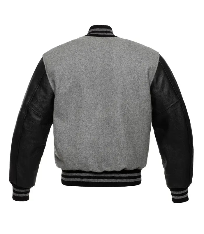 Gray wool varsity jacket with black leather sleeves and striped cuffs, back view