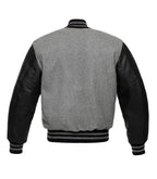 Gray wool varsity jacket with black leather sleeves and striped cuffs, back view
