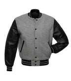 Gray wool varsity jacket with black leather sleeves, ribbed collar, and striped cuffs