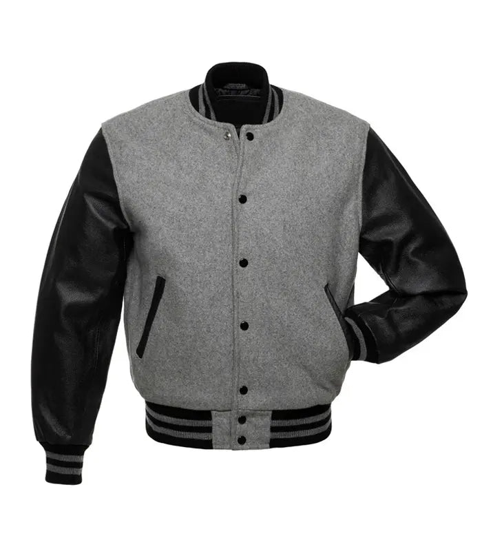 Gray wool varsity jacket with black leather sleeves, ribbed collar, and striped cuffs