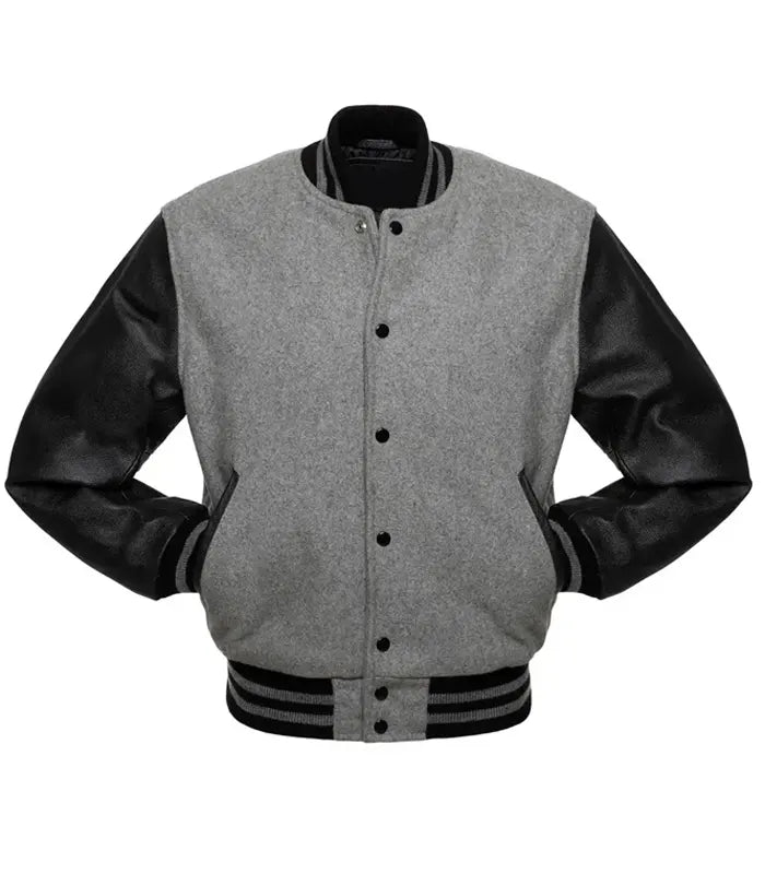 Gray wool varsity jacket with black leather sleeves and striped cuffs, customizable for teams or individuals