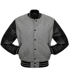 Gray wool varsity jacket with black leather sleeves and striped cuffs, customizable for teams or individuals